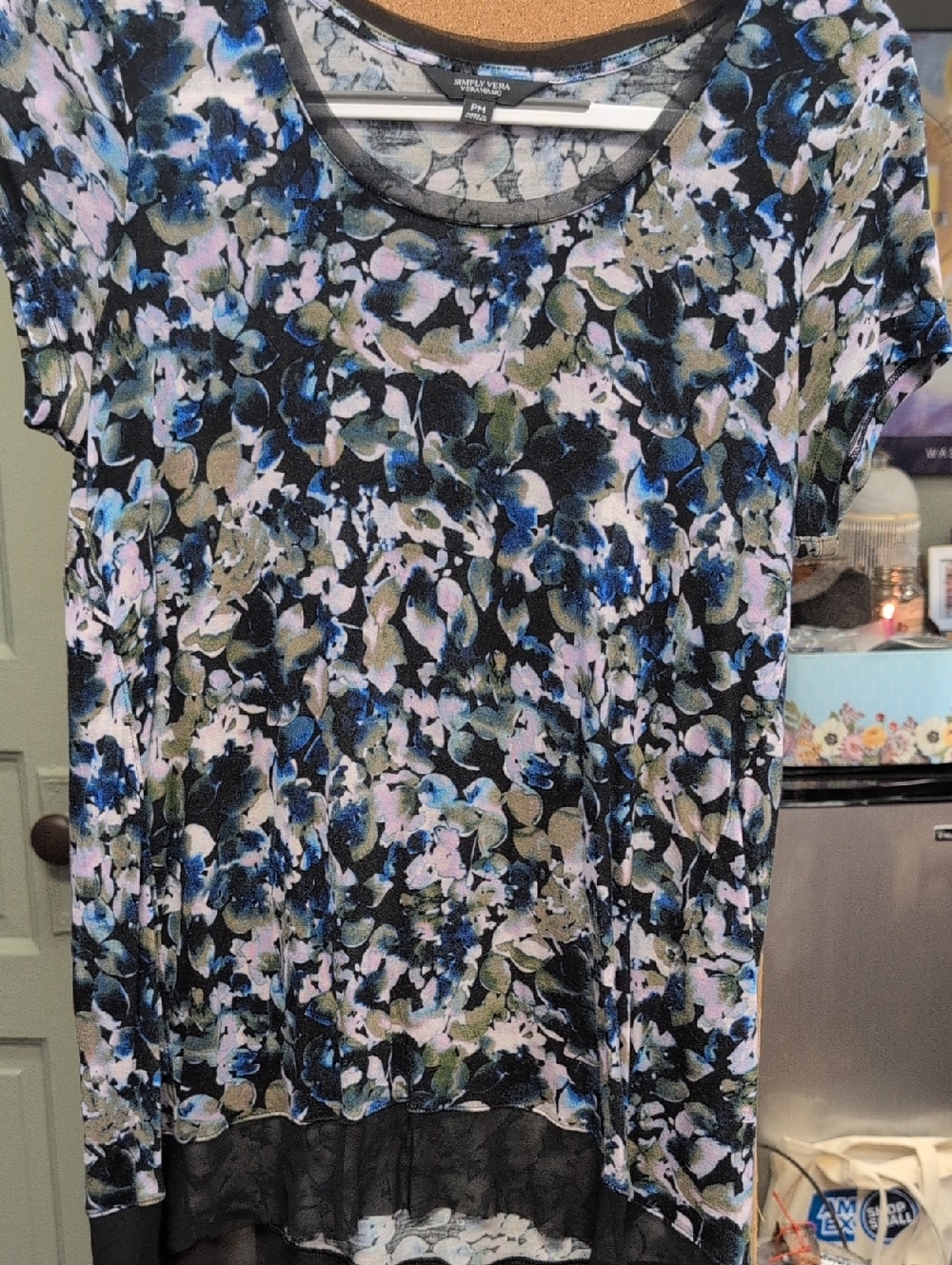 Vera Wang Black, Blue and Olive Floral Short-Sleeve Scoop Neck Top